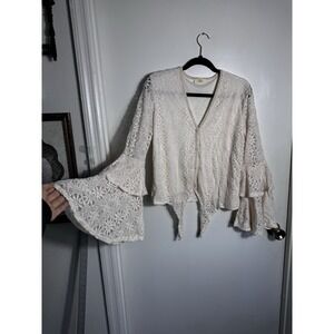 Hummingbird Women's White Lace Tie-Front Cardigan Boho Tiered Bell Sleeve Size M